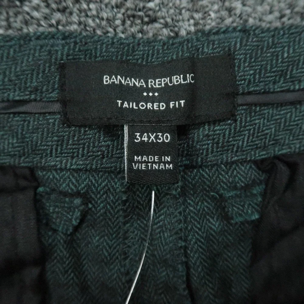 Banana Republic Pants Men 34x30 Green Herringbone Linen Blend Tailored Trouser
